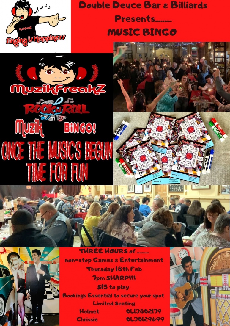 Here it is PARTY PEOPLE....
Feb 18th @ 7pm Music Bingo 
https://www.facebook.com/Double-Deuce-Bar-and-Billiards-Sunshine-136514069788414
Bookings Essential, limited seating
Dress to impress and win a prize or just come as you are to enjoy a night of fun, dancing, singing and going back memory lane.
3 hours of non-stop entertainment
2 games of music bingo & Live music
Get your photo taken with Elvis, Dean or Marilyn 
Photo booth for all to be part of the rock & roll experience.
Guaranteed a fun night 
YOU WONT BE DISAPPOINTED!!!
BOOK NOW
See you then, can't wait!