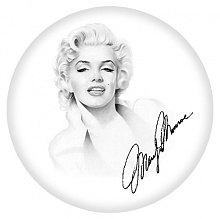 Marylin Monro with Signature. 
Available in 23mm Badge, 75mm Button, Keyring, Fridge magnet or Keyring.